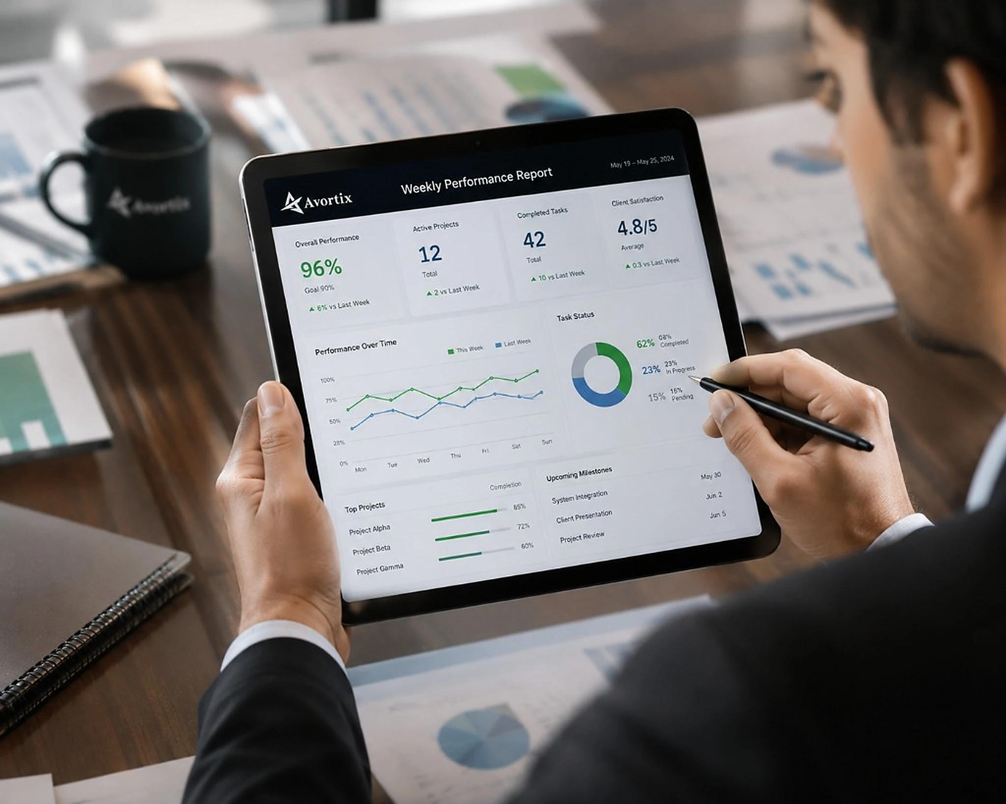 Avortix weekly performance report reviewed on tablet